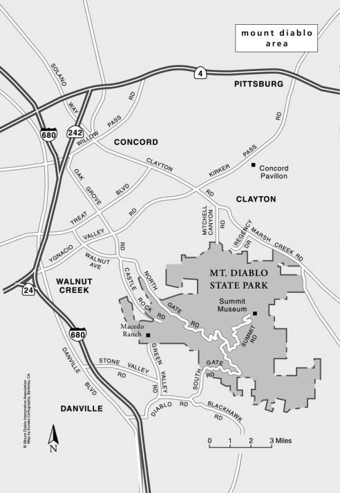 map showing the location of Mount Diablo State Park and its access roads within central Contra Costa County, California