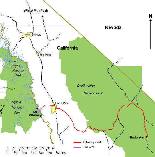road map showing Badwater, Mt. Whitney, White Mtn Peak, and the area of California surrounding these points