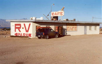 A boarded up cafe at the entrance to the Corvina Estates RV Park