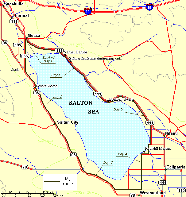 map of the Salton Sea showing Dinesh's walking route