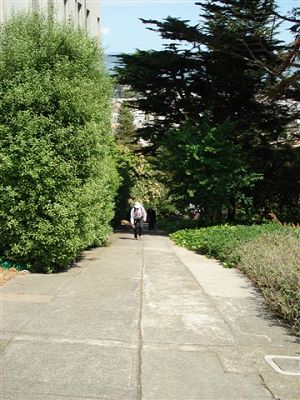 hiker climbing a very steep paved path