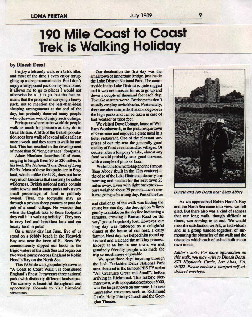 a scan of a newspaper article about the Coast to Coast Walk in England
