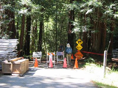 hiker standing among Road Closed and other caution signs and construction materials
