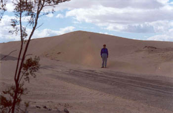 Joy in front of sand dunes on the old Navy Base