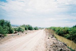 a dirt road with water in a ditch along one side